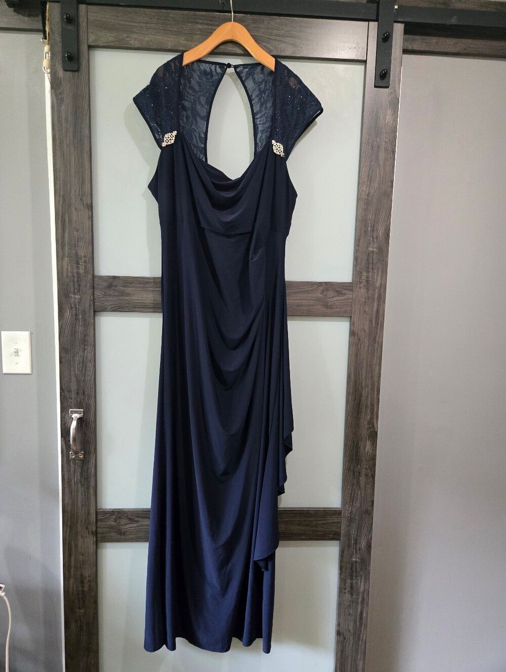 R&M Richards Navy Lace Rhinestone Draped Gown Plus Size 22W Formal Dress